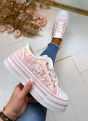 BASKETS EN DENTELLE FLEURIE LS698 - ROSE