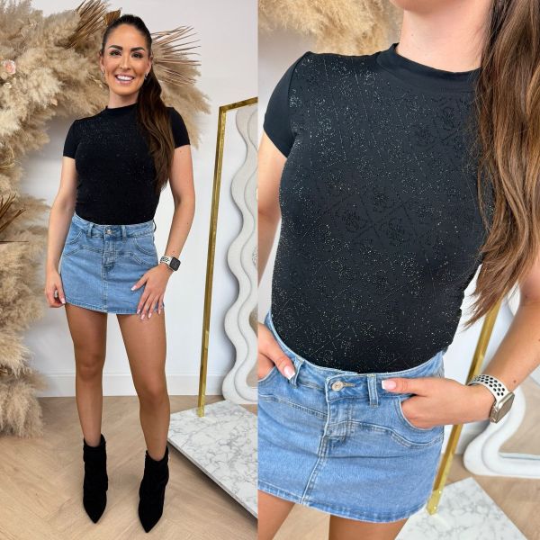 GUESS MOCK NECK ALLOVER SPARKLE TEE W4BI26J1314 JBLK BLACK