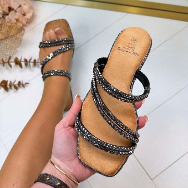 DOUBLE STRAPE SPARKLE SLIPPER 22-81 BLACK