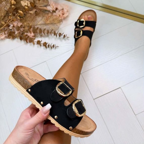 DUBBELE GESP SLIPPER FF-011 BLACK