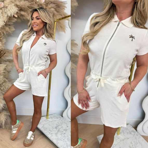 PINNED BY K BADSTOF TERRY JUMPSUIT PALM TREE OFF WHITE