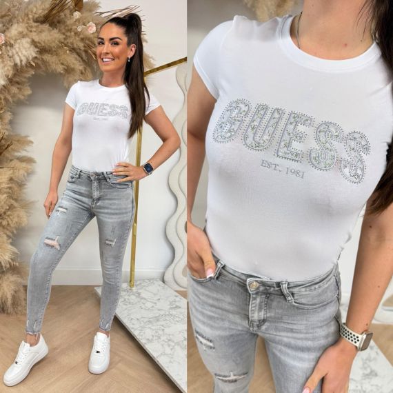GUESS CN LOGO LACE TEE W5GI04J1314 G011 WHITE