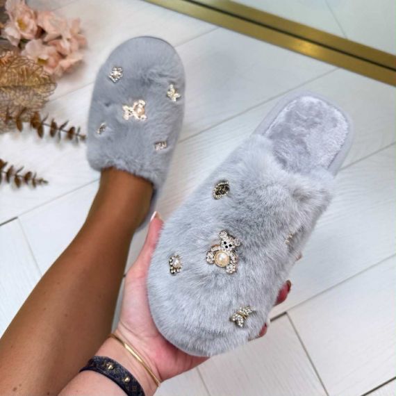 FAKE FUR SHINE PANTOFFEL 8014-23 GREY
