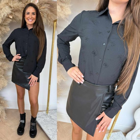 GUESS LS FLORE LOGO HOTFIX BLOUSE W5BH80W2982 BLACK