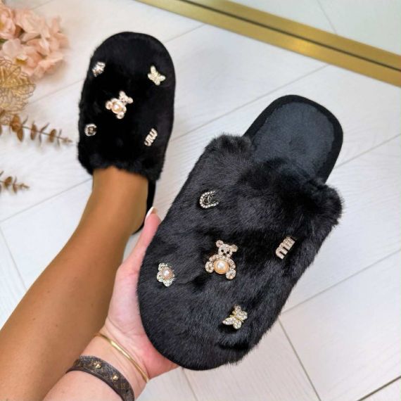 FAKE FUR SHINE PANTOFFEL 8014-23 BLACK