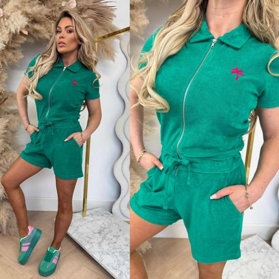 PINNED BY K BADSTOF TERRY JUMPSUIT PALM TREE GREEN