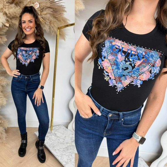 GUESS SS PEONY TRIANGLE T-SHIRT W5BI29J1314 BLACK