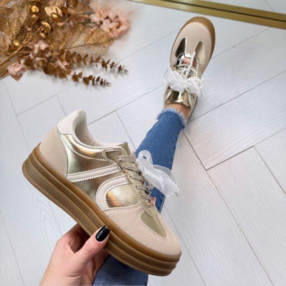 *SALE* CUTE BOW SNEAKER C-3033 BEIGE/GOLD *WEBONLY*