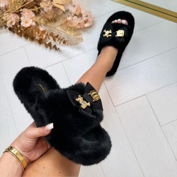 FURRY BOW PANTOFFEL BSW9083 BLACK *WEB ONLY*