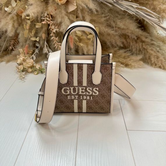 GUESS SILVANA 2 COMPARTMENT BAG SS866577 LATTE LOGO STONE